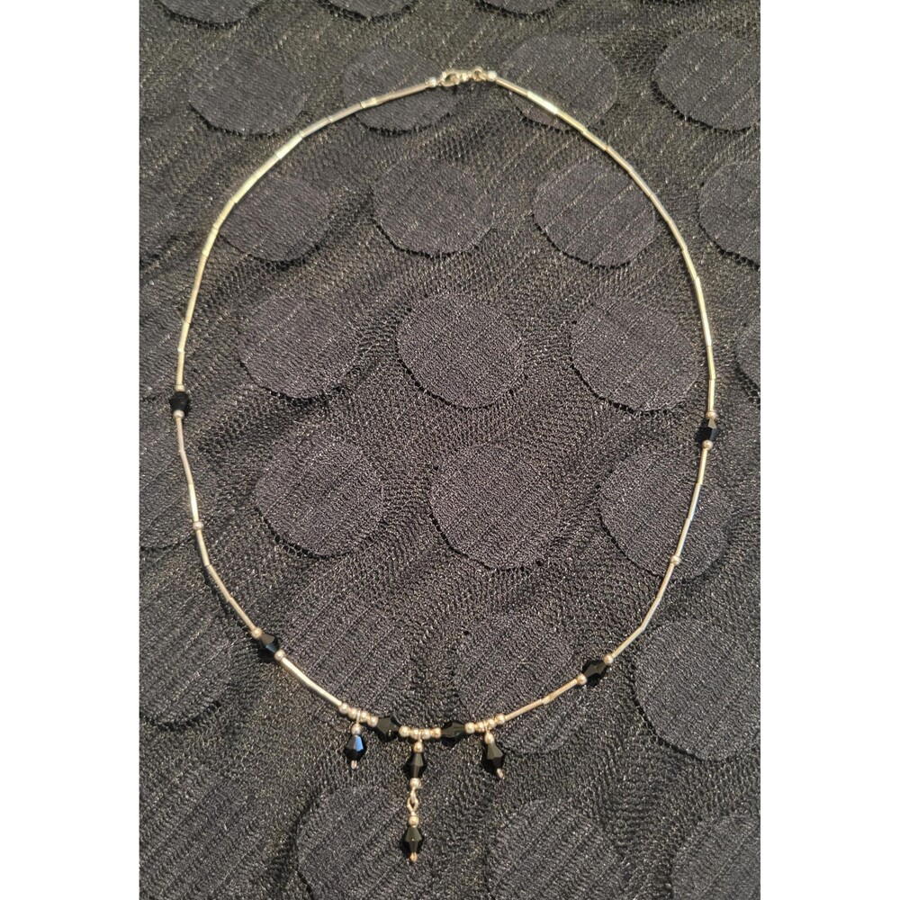 Dainty Sterling Silver & Black Crystal Drop Necklace - Everyday Layering - 1980s